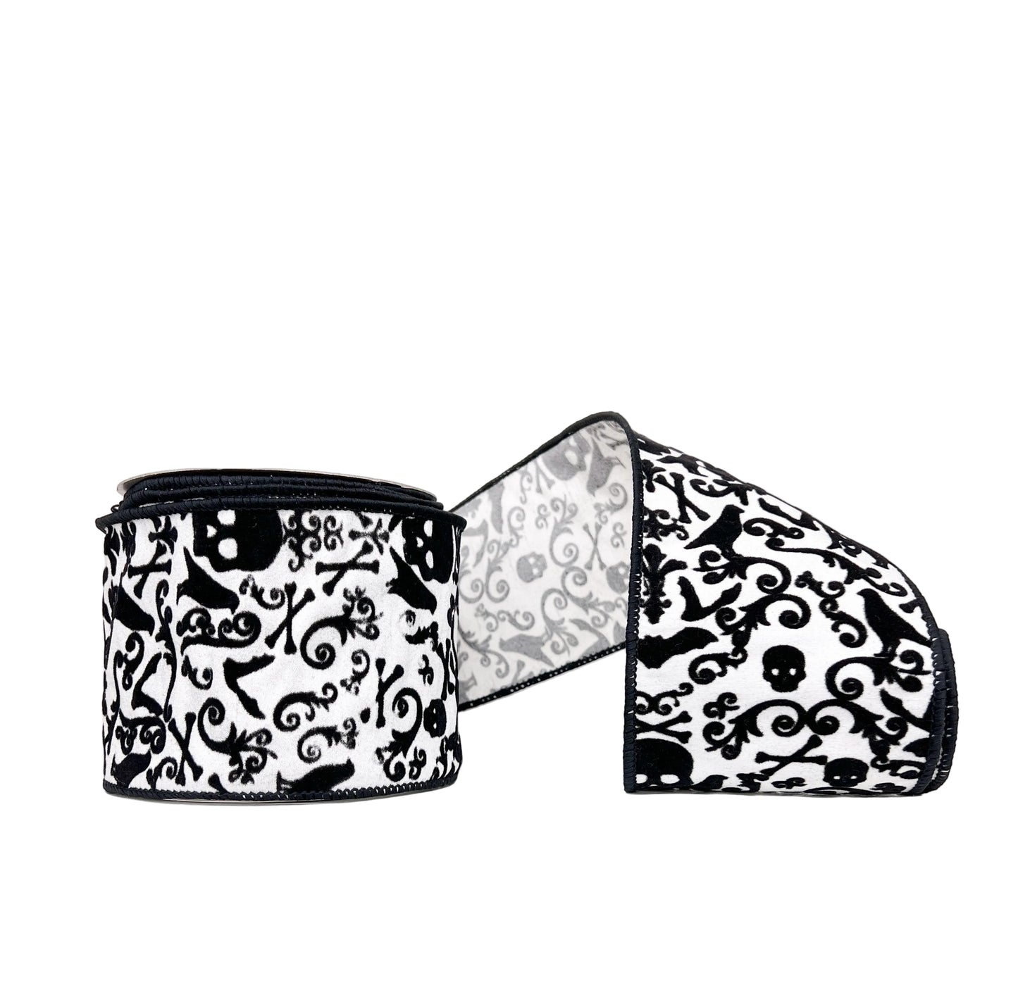 Halloween Collection- Black & White Skull, Crow & Cross Bones Flocked Dupioni 4" x 5Y Wired Ribbon