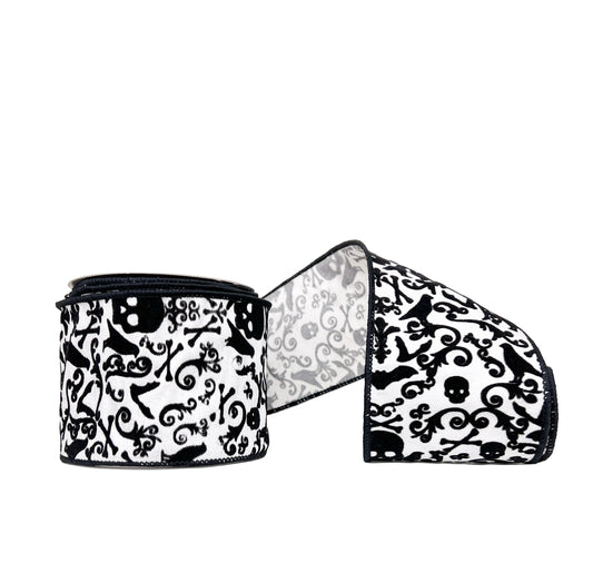 Halloween Collection- Black & White Skull, Crow & Cross Bones Flocked Dupioni 4" x 5Y Wired Ribbon