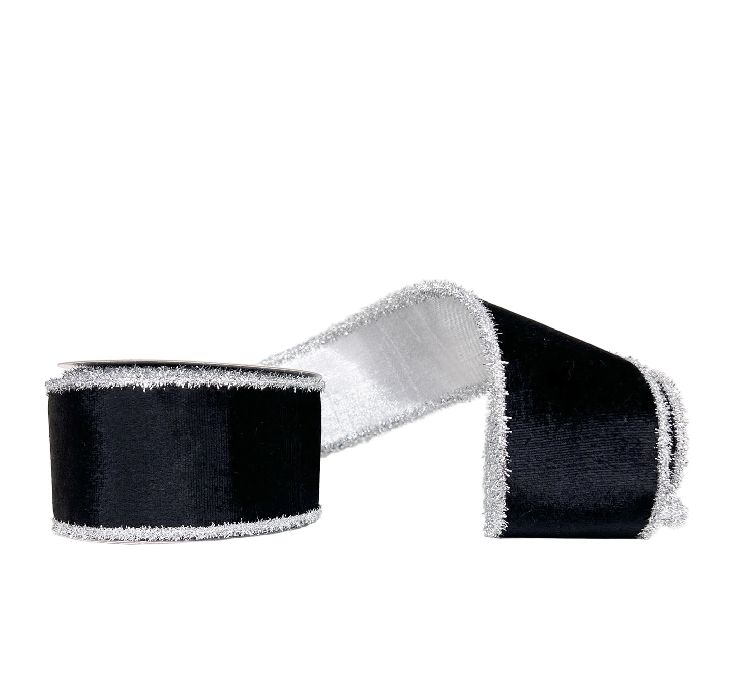 Halloween Collection- Black Viscose Velvet & Silver with Silver Tinsel Trim 2.5" x 5Y Wired RIbbon