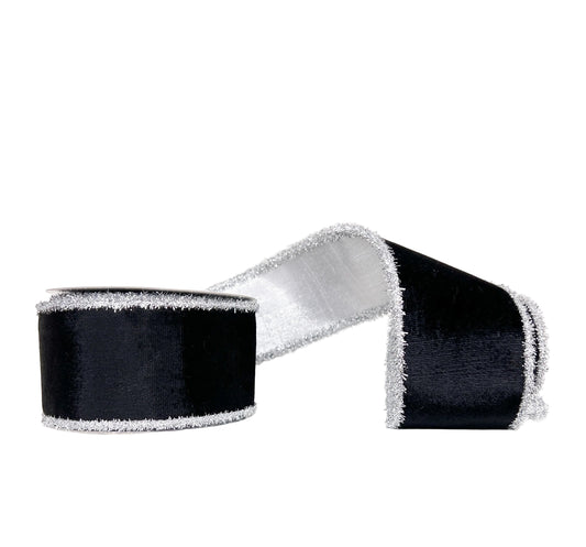 Halloween Collection- Black Viscose Velvet & Silver with Silver Tinsel Trim 2.5" x 5Y Wired RIbbon