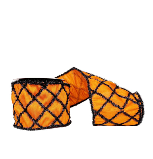 Halloween Collection- Orange Tinsel Black Diamond Dupioni RIbbon 4" x 5Y Wired Ribbon