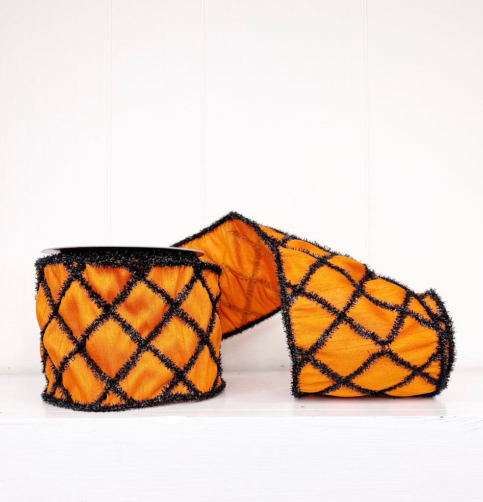 Halloween Collection- Orange Tinsel Black Diamond Dupioni RIbbon 4" x 5Y Wired Ribbon