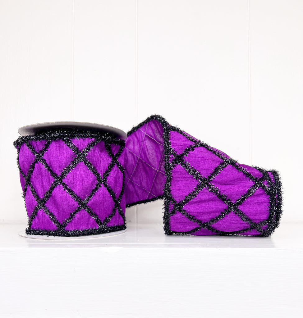 Halloween Collection- Purple Tinsel Black Diamond Dupioni RIbbon 4" x 5Y Wired Ribbon