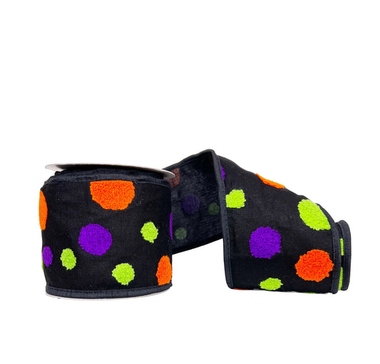 Halloween Collection- Multi- Colored Polka Dots Textured Fused 4" x 5Y Wired Ribbon