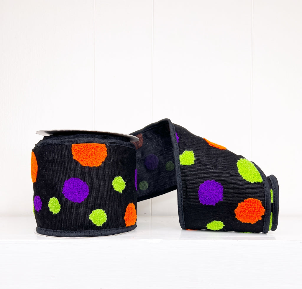 Halloween Collection- Multi- Colored Polka Dots Textured Fused 4" x 5Y Wired Ribbon