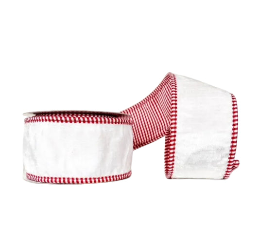 Red and White Mini Check Trim Double SIded Tafetta and White Velvet Wired Ribbon 2.5" x 5Y