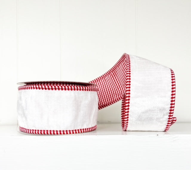 Red and White Mini Check Trim Double SIded Tafetta and White Velvet Wired Ribbon 2.5" x 5Y