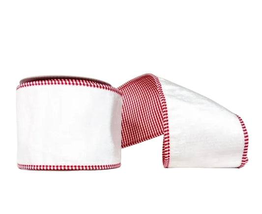 Red and White Mini Check Trim Double SIded Tafetta and White Velvet Wired Ribbon 4" x 5Y