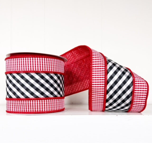 Red and White Mini Check Trim Tafetta Black/White Center Wired Ribbon 4" x 5Y