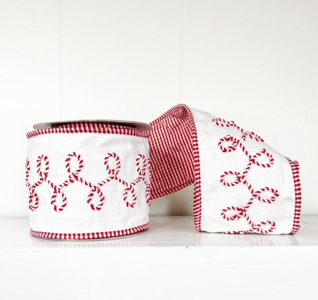 Red and White Mini-Check Double-Sided Tafetta Embroidered Candy Cord Swirl on Canvas Wired Ribbon 4" x 5Y