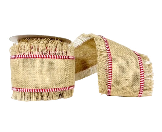 Red and White Mini Check Trim Burlap Fringe Wired Ribbon 4" x 5Y