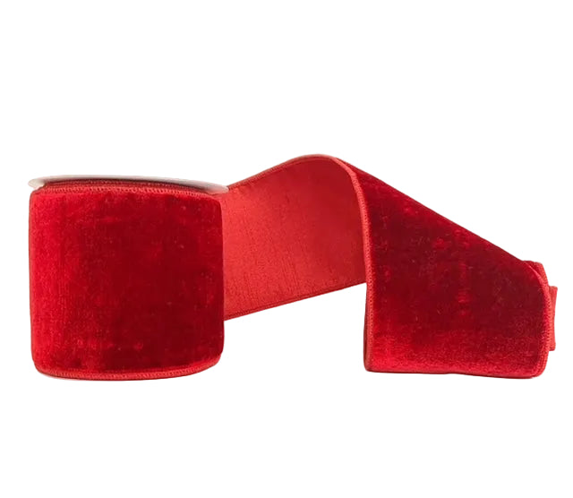 Red Sheldon Velvet Double Fused Double SIded Metallic Red Wired Ribbon 4" x 5Y