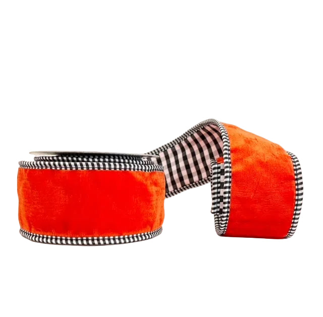 Halloween Collection- Orange Viscose Velvet Double Fused Double Sided Tafetta Checks Wired Ribbon 2.5" x 5Y
