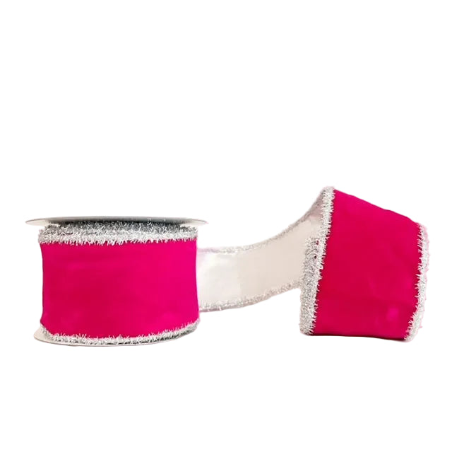Hot Pink Viscose Velvet Double Fused Silver Tinsel Edging Wired Ribbon 2.5" x 5Y