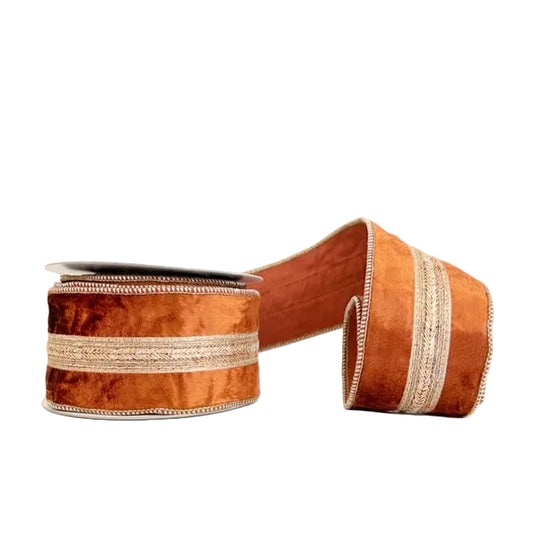 Rust Velvet with Herringbone Smooth Center Metallic Trim Wired Ribbon 2.5" x 5Y