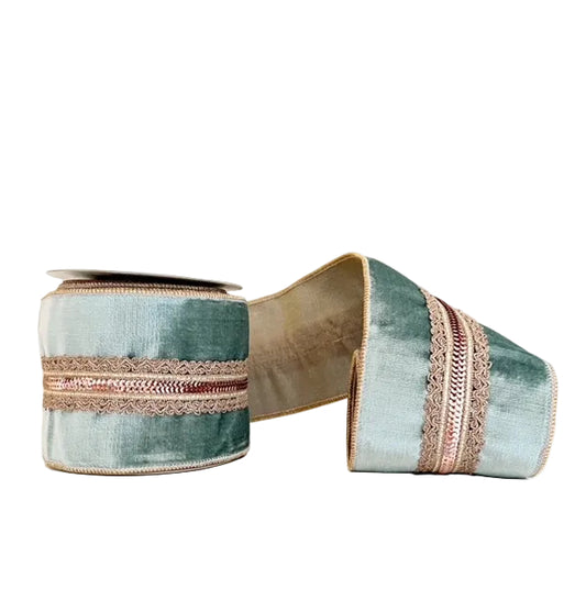Velvet Aqua with Double Sequin Metallic Center Trim Wired Ribbon 4" x 5Y