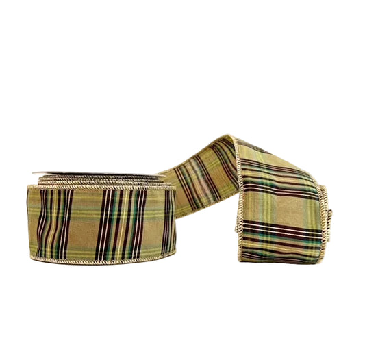 Green Metallic Tartan Wired Ribbon 2.5" x 10Y