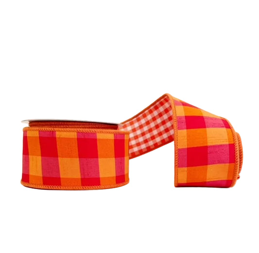 Orange Dupioni Aspen Checks Double Fused Double Sided Wired Ribbon 2.5" x 10Y