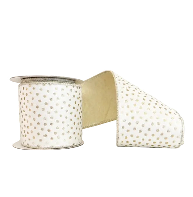 Polka Dot Print Gold Elegant Velvet Double Fused Double Sided Metallic Gold Dupioni  Wired Ribbon 4" x 5Y