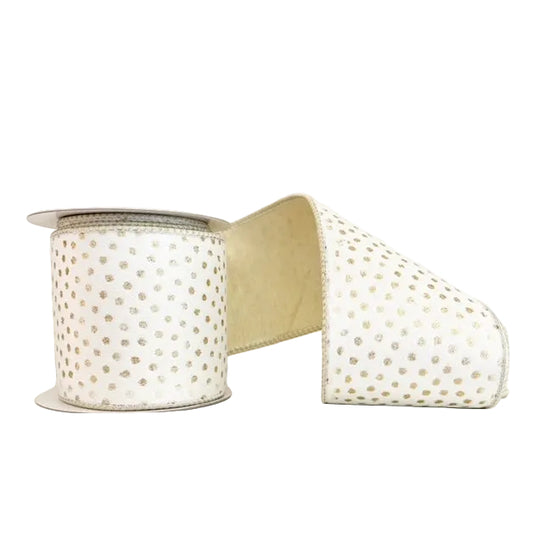 Polka Dot Print Gold Elegant Velvet Double Fused Double Sided Metallic Gold Dupioni  Wired Ribbon 4" x 5Y