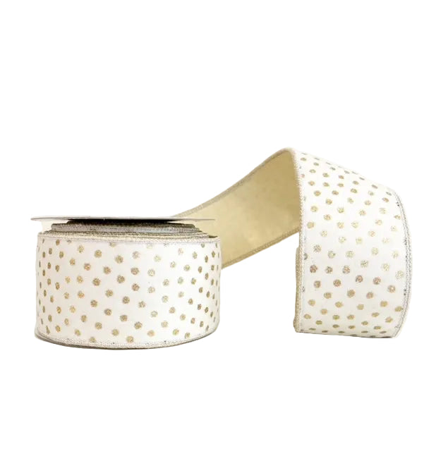 Polka Dot Print Gold Elegant Velvet Double Fused Double Sided Metallic Gold Dupioni  Wired Ribbon 2.5" x 5Y