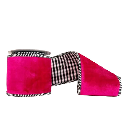 Hot Pink Viscose Velvet Small Black & White Checks with Edging Double Fused Tafetta Double Sided Wired Ribbon 4" x 5Y