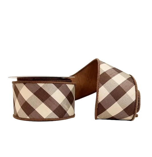Brown Bias Cut Aspen Checks Dupion Wired Ribbon 2.5" x 5Y