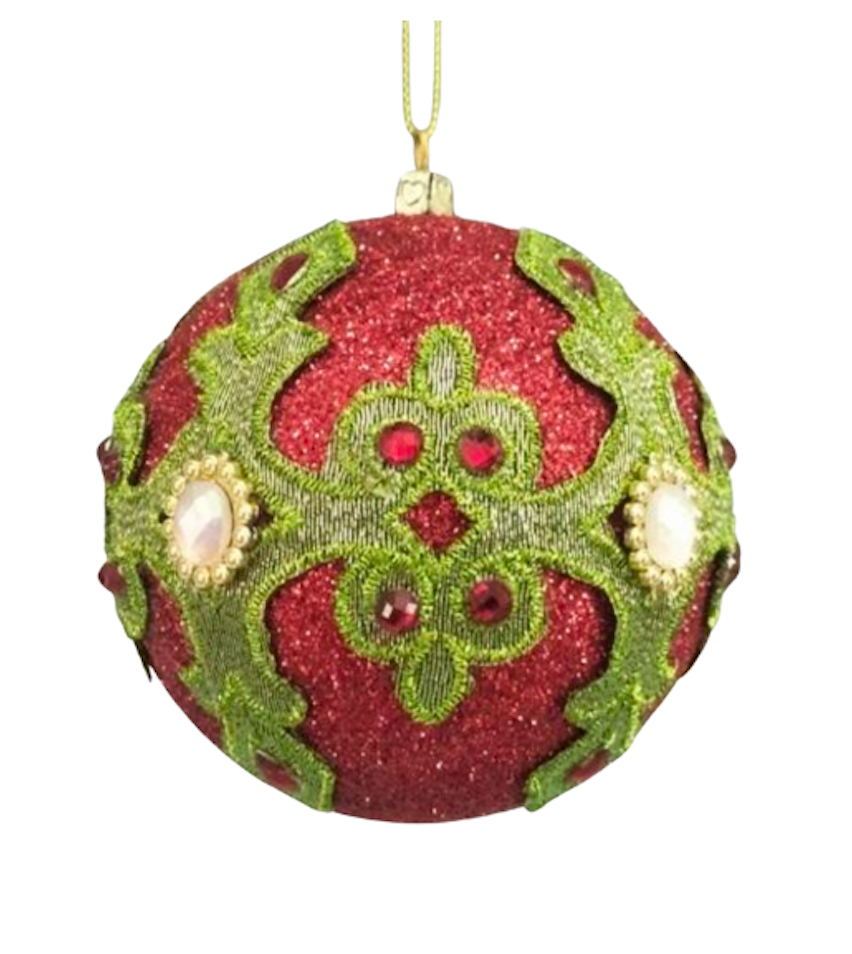 Red & Green Ornate Rhinestone Ornament