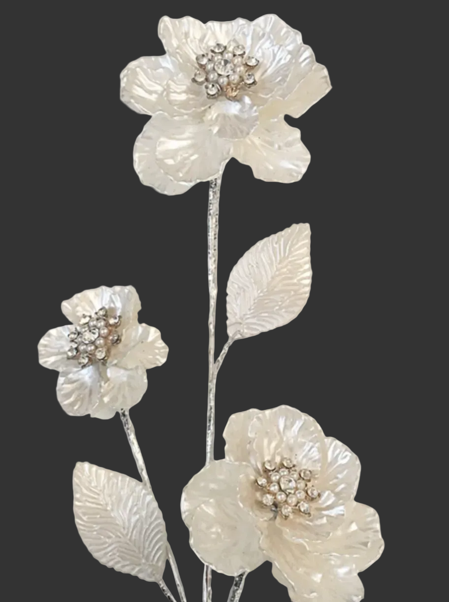 Stem-Pearlized Flower with Diamond on Silver Stem