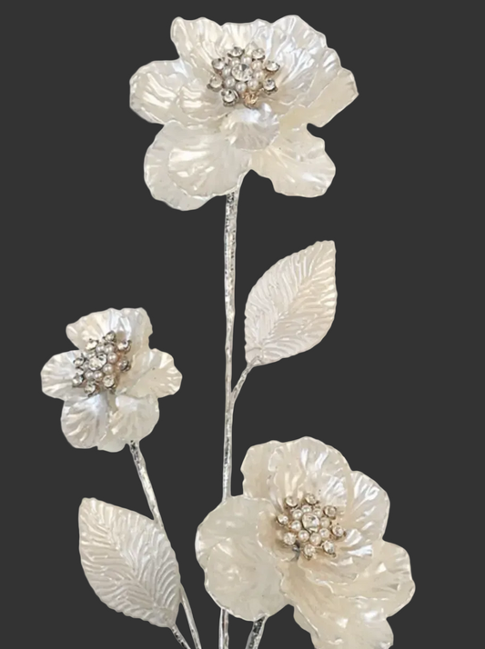 Stem-Pearlized Flower with Diamond on Silver Stem