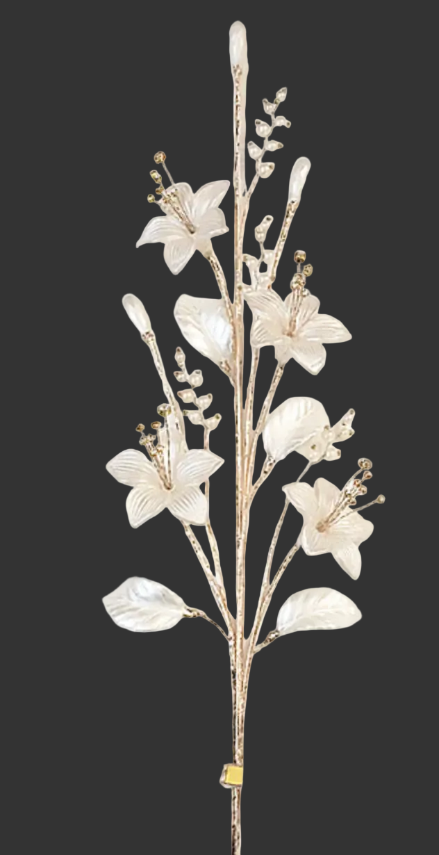 Stem-Pearlized Flower with Multi Diamond Center and Cluster Pearls